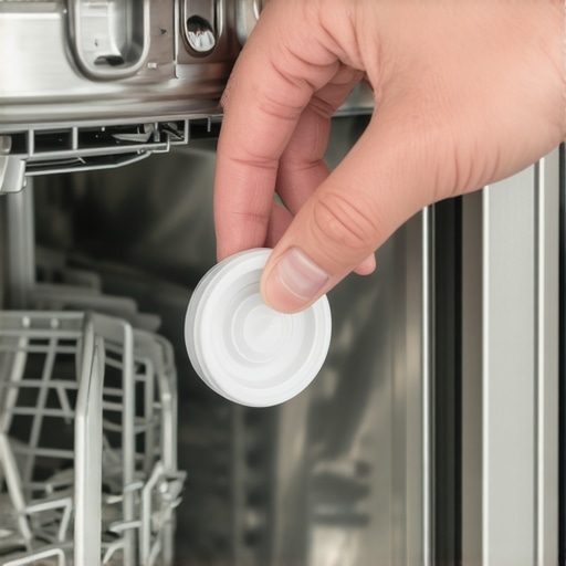 A hand removing a plastic plug from a dishwasher tub for side-mounting.