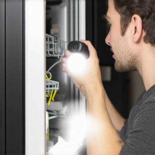 A homeowner using a mirror and flashlight to check for leaks under a dishwasher kickplate.