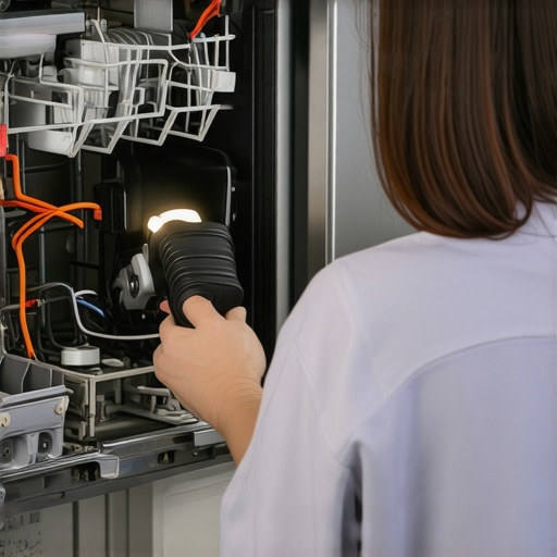 Inspecting a Dishwasher Motor Under the Unit Close-up of dishwasher motor and pump assembly inspection under the machine
