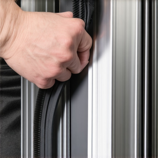 Hands seating a rubber door seal into the metal track of a dishwasher.