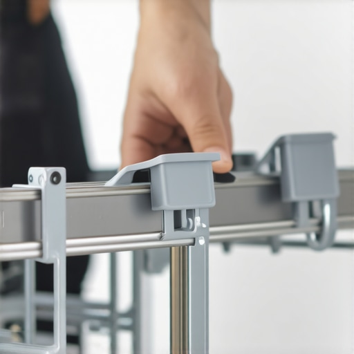 Hands snapping a new plastic end cap onto a dishwasher rack rail to prevent derailing.