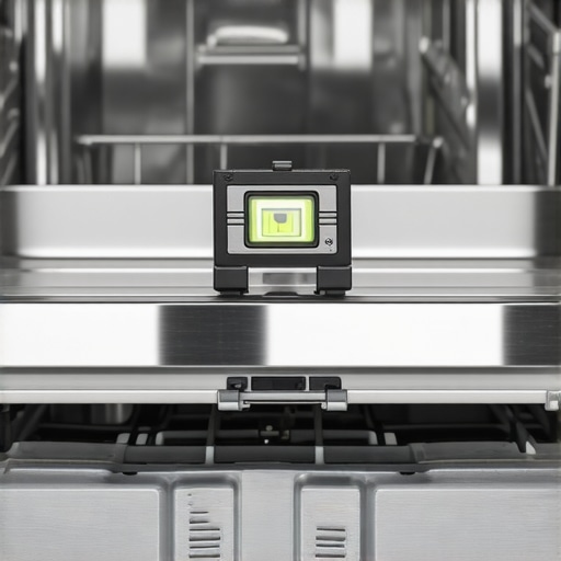 Leveling a dishwasher door during installation A spirit level resting on top of an open dishwasher door to ensure a level installation