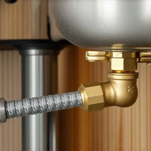 Professional dishwasher water connection with a new shut-off valve and braided steel hose.