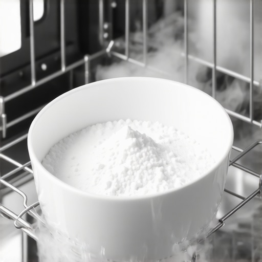 Natural Descaling with Citric Acid A bowl of citric acid powder inside a dishwasher ready for a cleaning cycle.