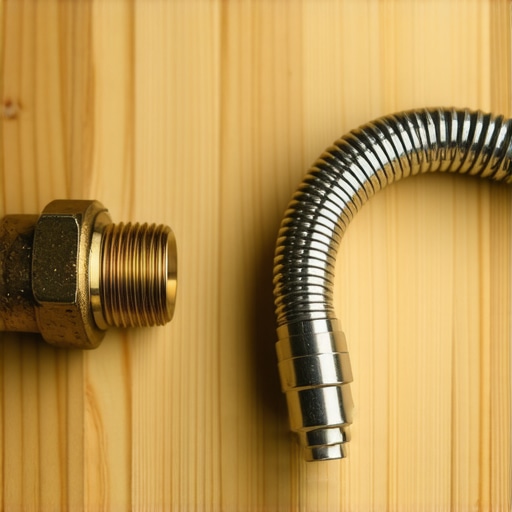 Comparison of a worn-out brass dishwasher fitting and a new braided water supply line for warranty-safe installation.