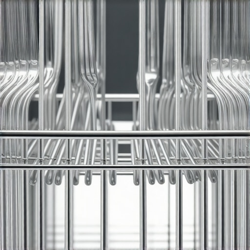 Optimized Third Rack Loading Technique Silverware neatly spaced in a dishwasher's third rack to ensure proper drying and water flow.