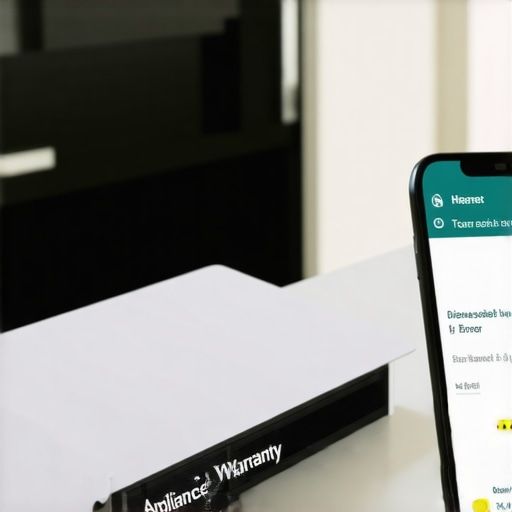 A folder with appliance warranty documents and a smartphone displaying dishwasher diagnostics.
