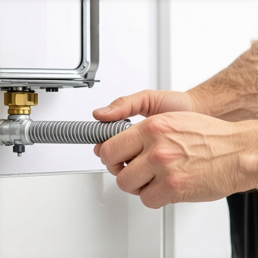 A technician installing a new water inlet valve and braided hose for a dishwasher to ensure warranty compliance.