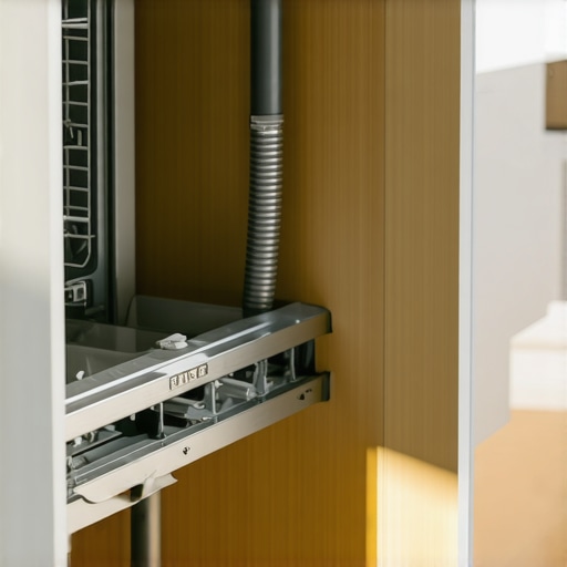 Professional Dishwasher Drain Routing and Smart Sensor Setup A high loop dishwasher drain hose connection with a smart leak detector under a kitchen sink.