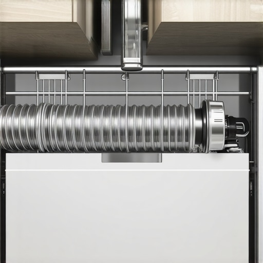 Close-up of a professional dishwasher installation showing the high loop drain hose and stainless steel water line.