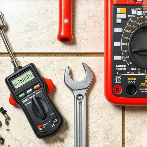 Professional Dishwasher Installation and Maintenance Tools A collection of essential tools for dishwasher installation and troubleshooting including a multimeter and wrench.