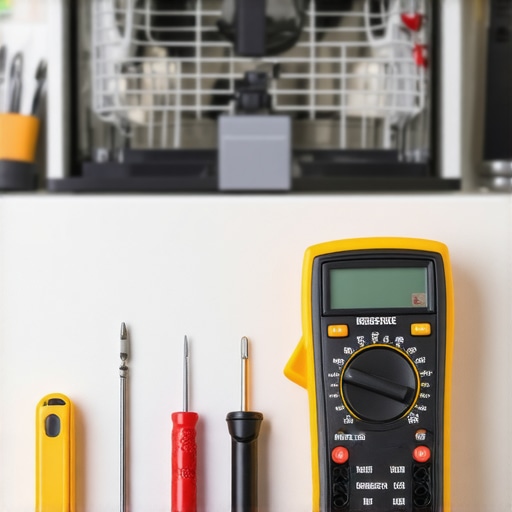 Close up of a multimeter and nut driver used for dishwasher repair and installation