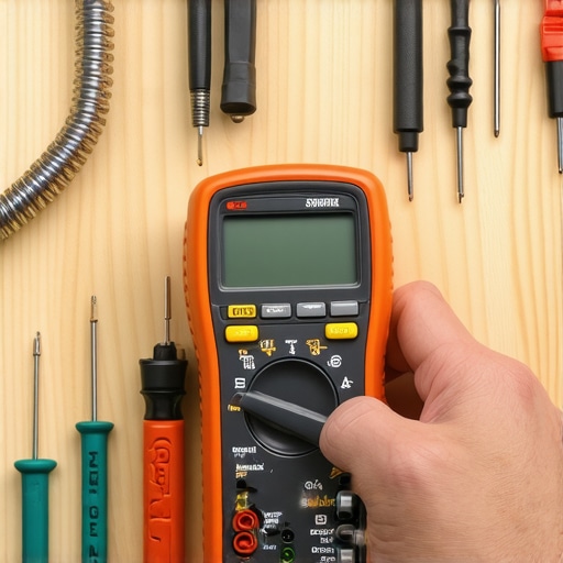 Professional Dishwasher Troubleshooting with a Multimeter Close-up of a multimeter testing a dishwasher thermal fuse for continuity during a maintenance check.