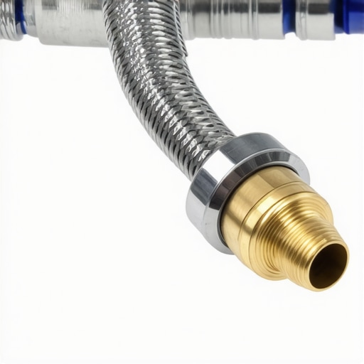 A close-up of a high-quality braided steel dishwasher supply line connection.
