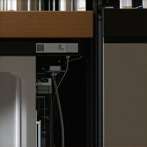 Proper dishwasher electrical junction box, stainless steel water line, and smart leak sensor under a wooden cabinet.