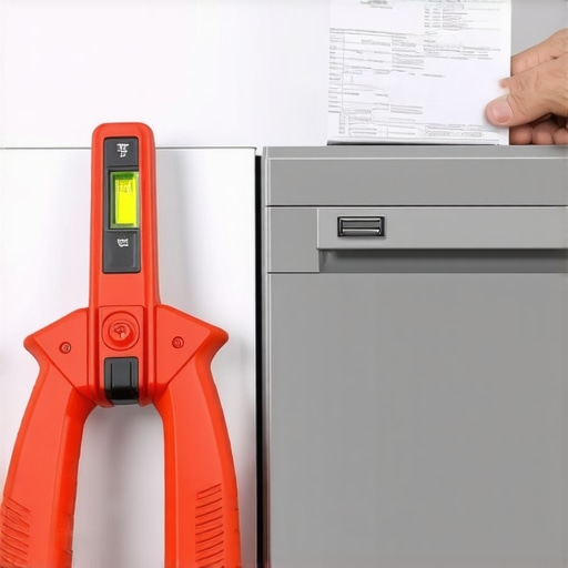 Plumber holding a receipt and level next to a new dishwasher
