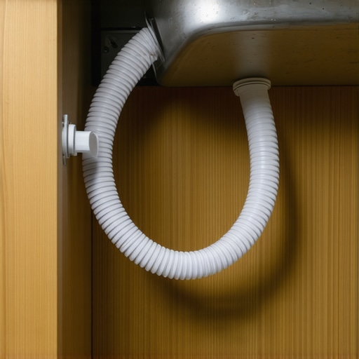 Proper Dishwasher Drain Hose Routing A correctly routed dishwasher drain hose with a high loop secured inside a kitchen sink cabinet.