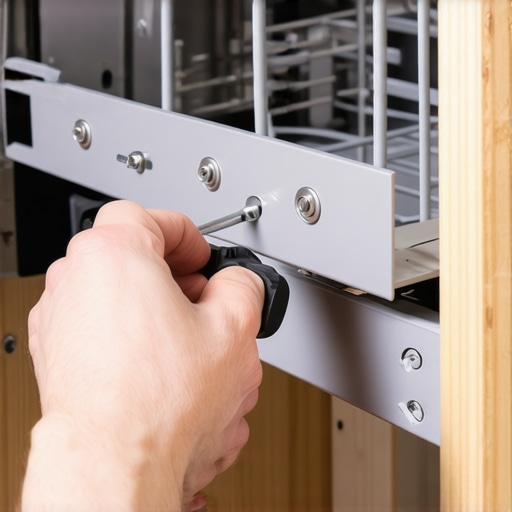A technician securing a dishwasher mounting bracket to a cabinet to prevent vibration and noise.