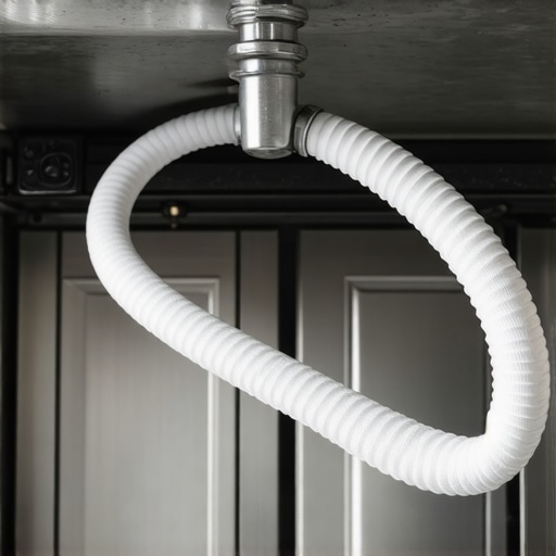 A close-up of a dishwasher drain hose showing a high loop to prevent backflow and maintain warranty compliance.