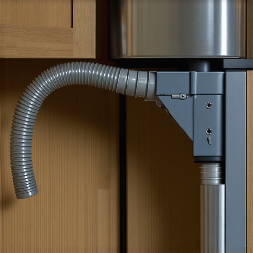 Close up of a dishwasher drain hose high loop under a kitchen counter to prevent backflow.