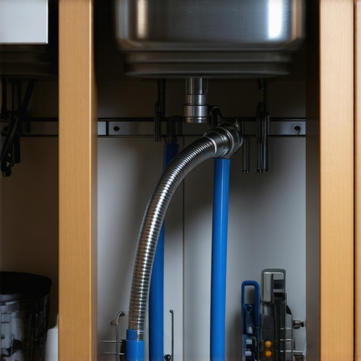 Close-up of a dishwasher drain hose with a high loop setup under a sink for proper drainage and warranty compliance.