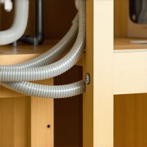 Close-up of a dishwasher drain hose high loop under a kitchen sink to prevent backflow and protect sensors.