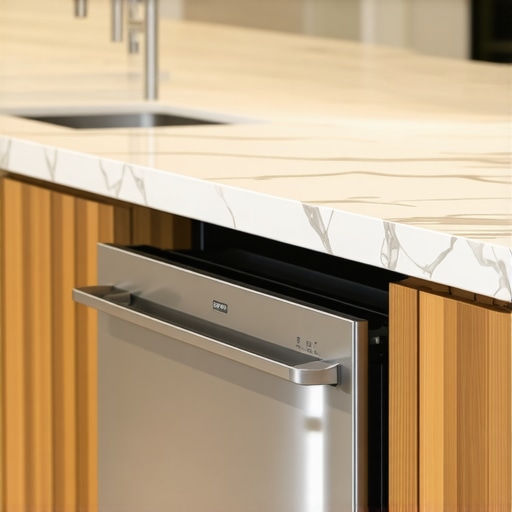 Proper dishwasher side-mounting for quartz countertops A detailed close-up showing how to secure a dishwasher using side-mount brackets in a kitchen with premium quartz countertops.