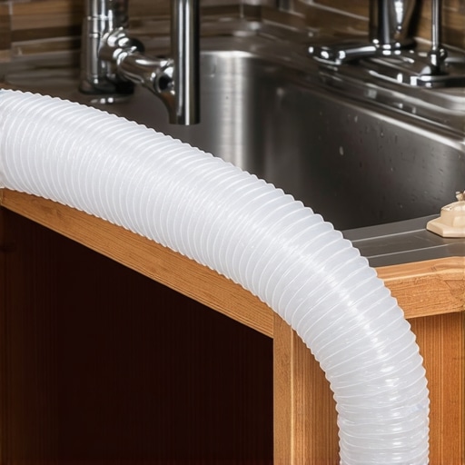 Close up of a dishwasher drain hose secured with a zip tie to a cabinet for backflow prevention.