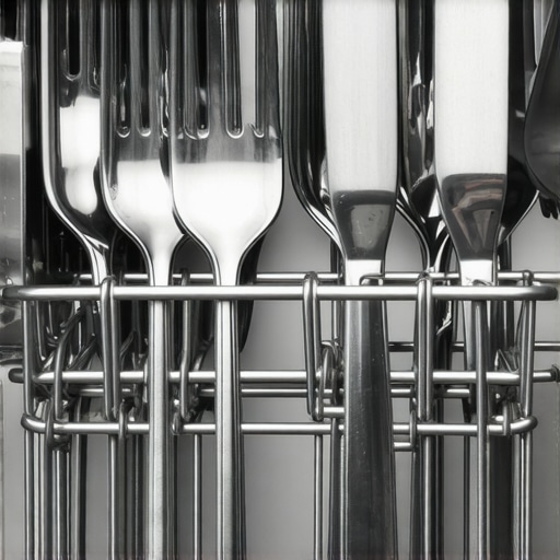 Close-up of dishwasher basket showing mixed silverware to prevent nesting and improve drying.