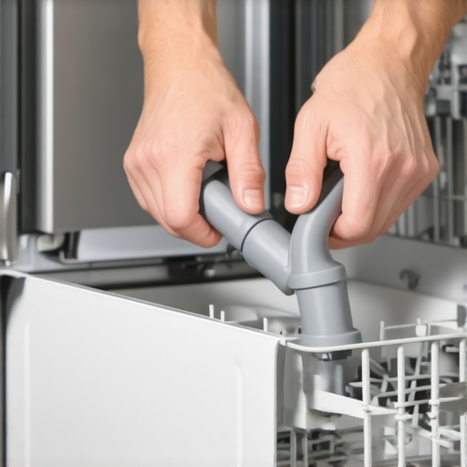 Hands pulling a plastic spray arm out of a dishwasher for maintenance
