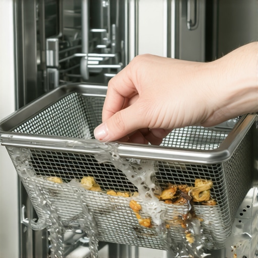 Close up of a dirty dishwasher pump filter being removed for cleaning