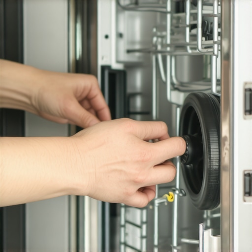 A person holding a replacement wheel for a dishwasher rack to demonstrate user-replaceable parts.