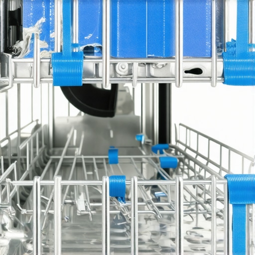 Zip ties and tape securing internal dishwasher components for a safe move.