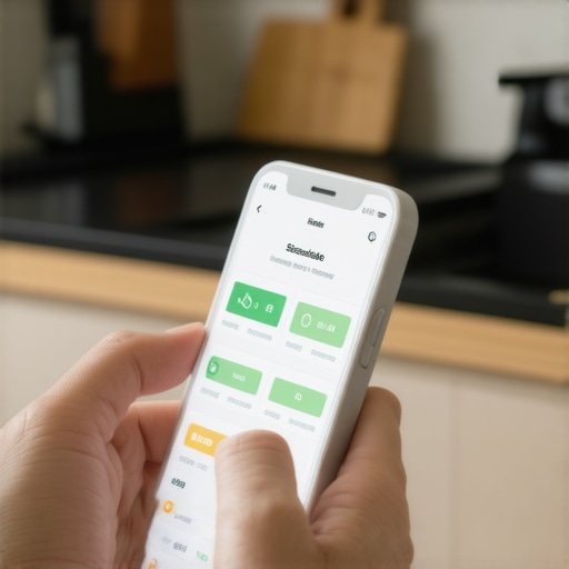 Close-up of a hand holding a smartphone with a dishwasher scheduling app open in a kitchen.