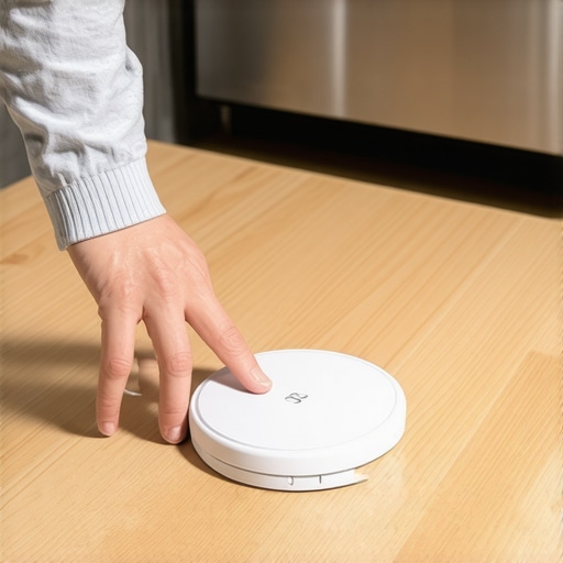 Installing a smart moisture sensor under a dishwasher for leak detection.