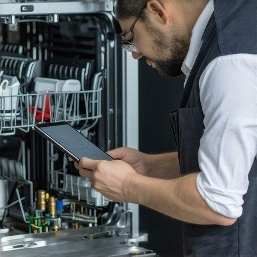 A professional installer using a tablet to calibrate a high-efficiency dishwasher during the final installation phase.