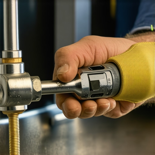 Calibrated torque wrench tightening a brass dishwasher inlet valve to protect warranty