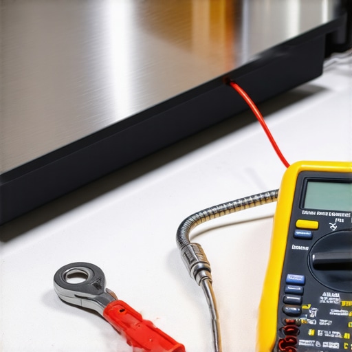 A digital multimeter being used to test a dishwasher thermal fuse for continuity.