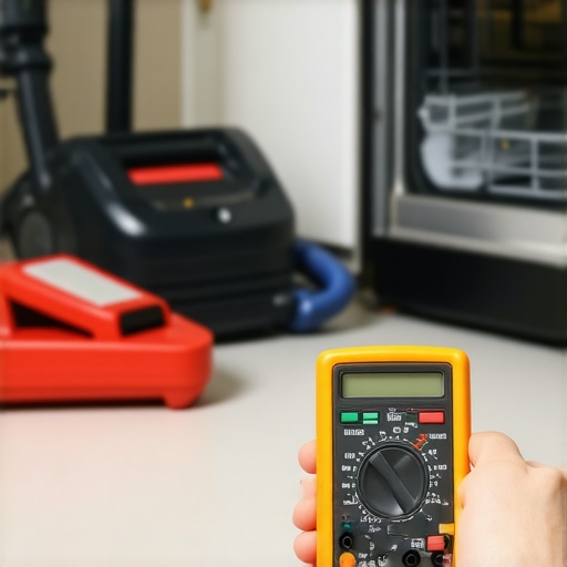 A homeowner using a digital multimeter to diagnose a dishwasher thermal fuse as part of a maintenance routine.