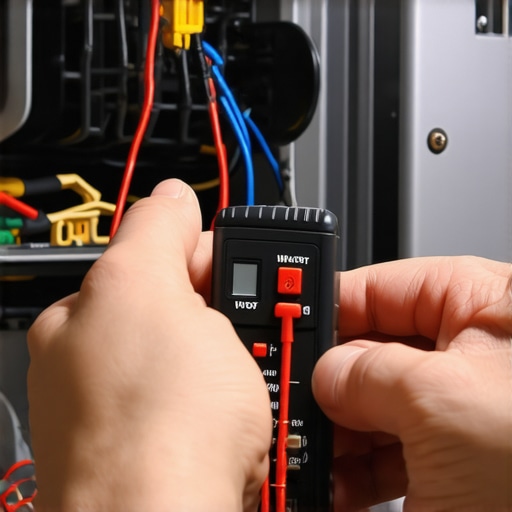 Hands using a multimeter to check the continuity of a dishwasher water inlet valve for maintenance.