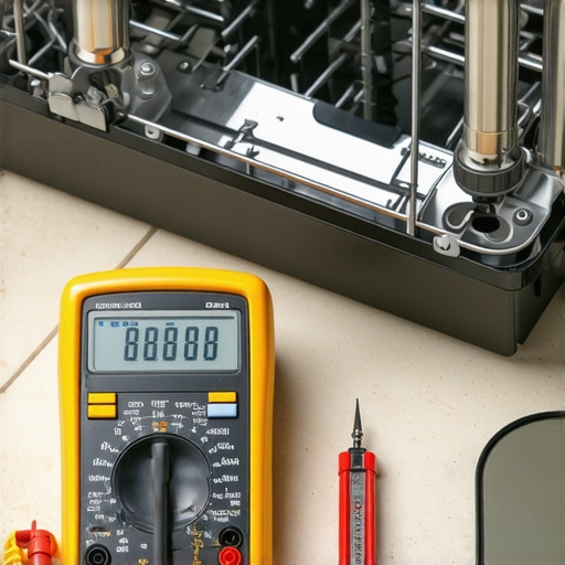 A digital multimeter being used to test a dishwasher heating element for continuity during maintenance.