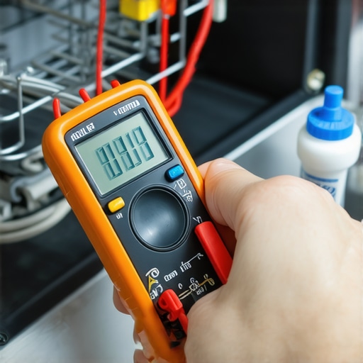 Testing Dishwasher Components with a Multimeter A person using a multimeter to check a dishwasher thermal fuse for continuity and a tube of appliance lubricant.