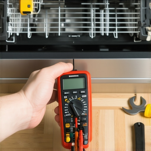 Homeowner using a multimeter to diagnose a dishwasher heating element to avoid expensive repair fees.