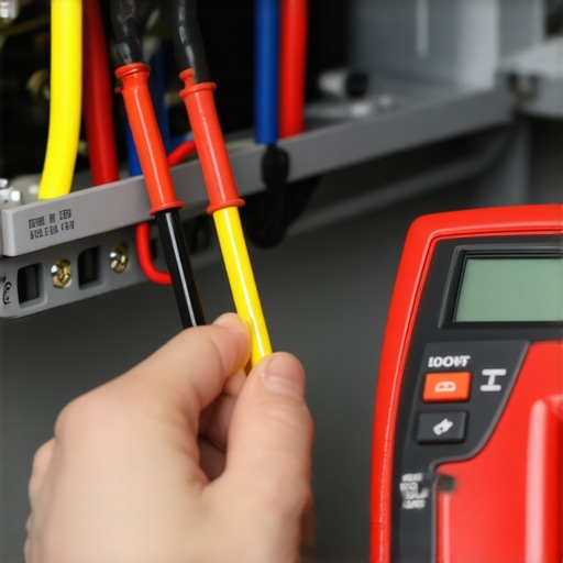 Technician using a multimeter to diagnose a faulty dishwasher door sensor to prevent running while open.