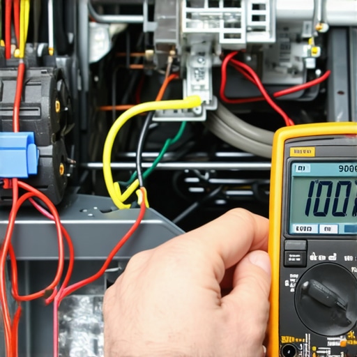 Close-up of a person using a digital multimeter on a dishwasher thermal fuse.