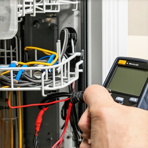 A technician using a multimeter to check a dishwasher heating element for maintenance and warranty protection.