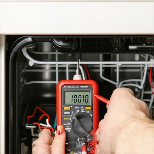 A person using a digital multimeter to diagnose a dishwasher motor behind the kickplate.