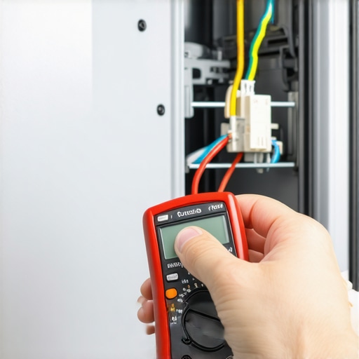 A digital multimeter being used to test the electrical components of a dishwasher during installation.