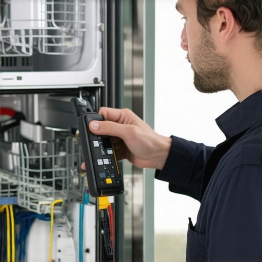 Testing Dishwasher Electronics for Warranty Compliance Technician testing a dishwasher control board with a multimeter.