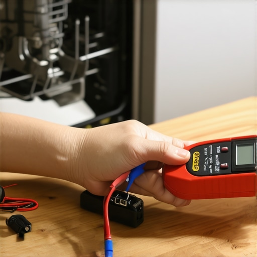 Testing Dishwasher Electronics with a Multimeter A homeowner using a digital multimeter to diagnose a dishwasher thermal fuse on a workbench.